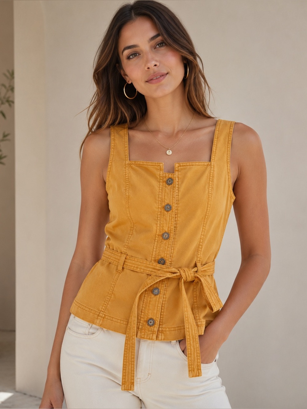WHBM White House Black Market Mustard Yellow Belted Button Front Top Size 12